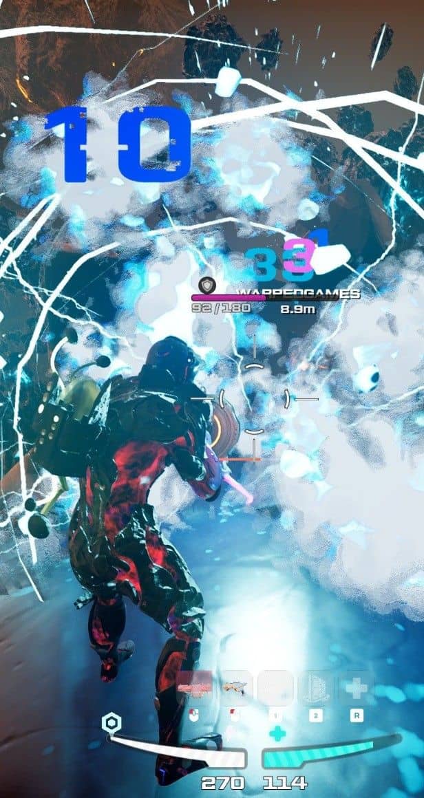 Real-time co-op combat: a lightning blast tears through Void enemies in an asteroid cave