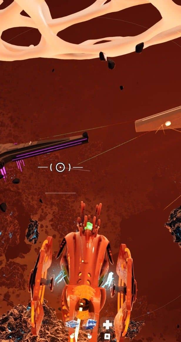 Space flight combat against a Void battleship in an asteroid field